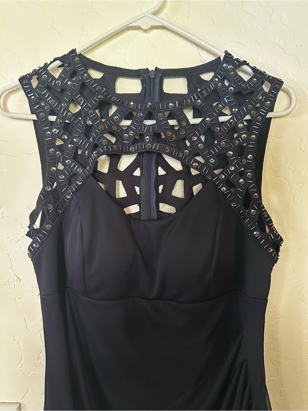 Xscape Dark Blue Maxi Dress with Beaded Cutout